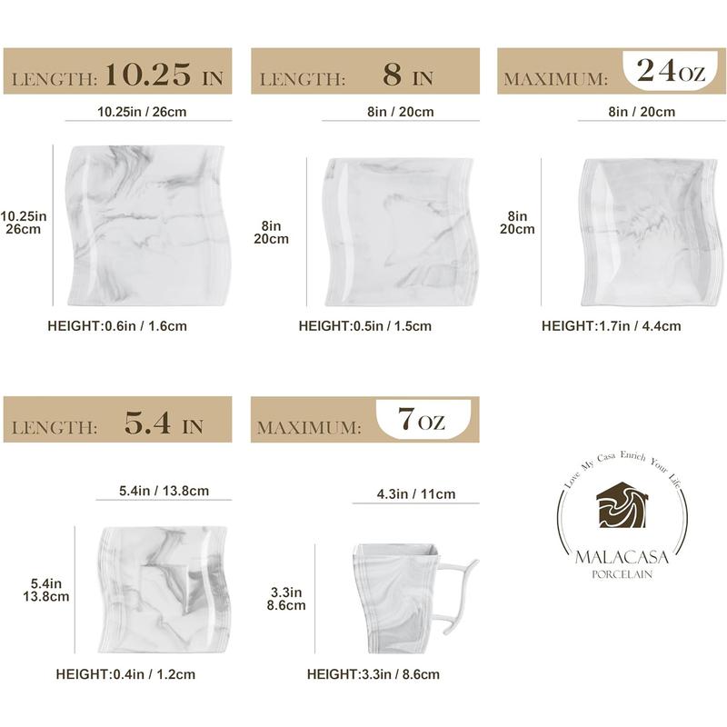 MALACASA Plates and Bowls Sets, Porcelain Dinnerware Sets for 6, Square Dinnerware Set with Dinner Plate, Dessert Plate, Soup Plate, Modern Dish Set, Series Flora Kitchenware Home