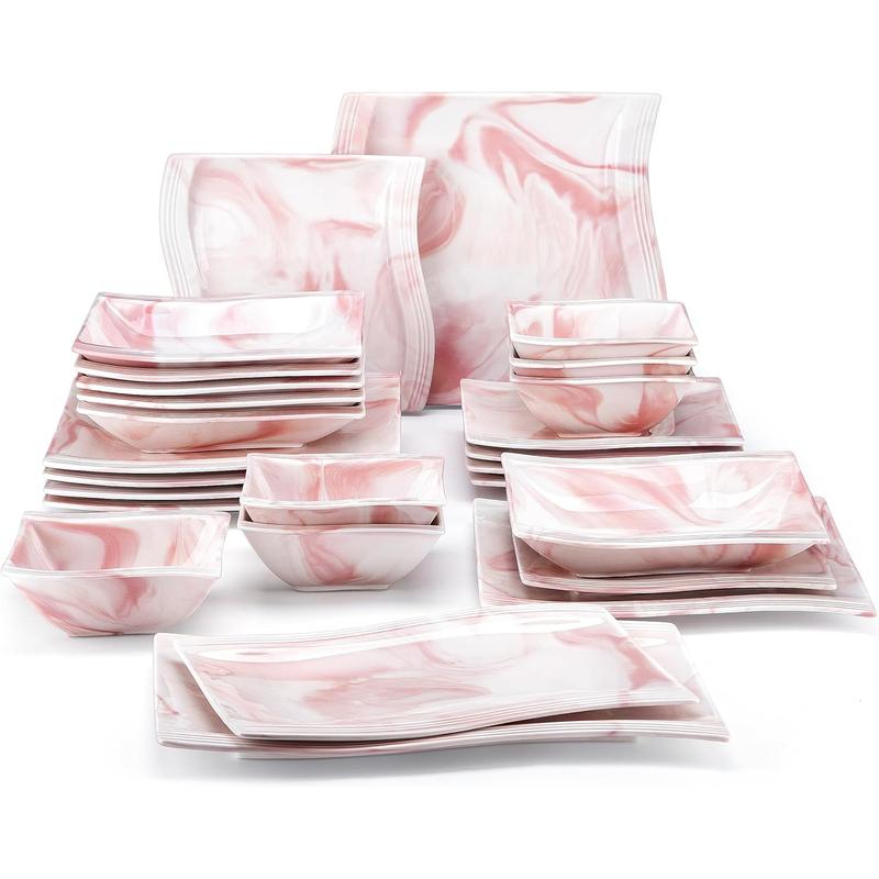 MALACASA Plates and Bowls Sets, Porcelain Dinnerware Sets for 6, Square Dinnerware Set with Dinner Plate, Dessert Plate, Soup Plate, Modern Dish Set, Series Flora Kitchenware Home