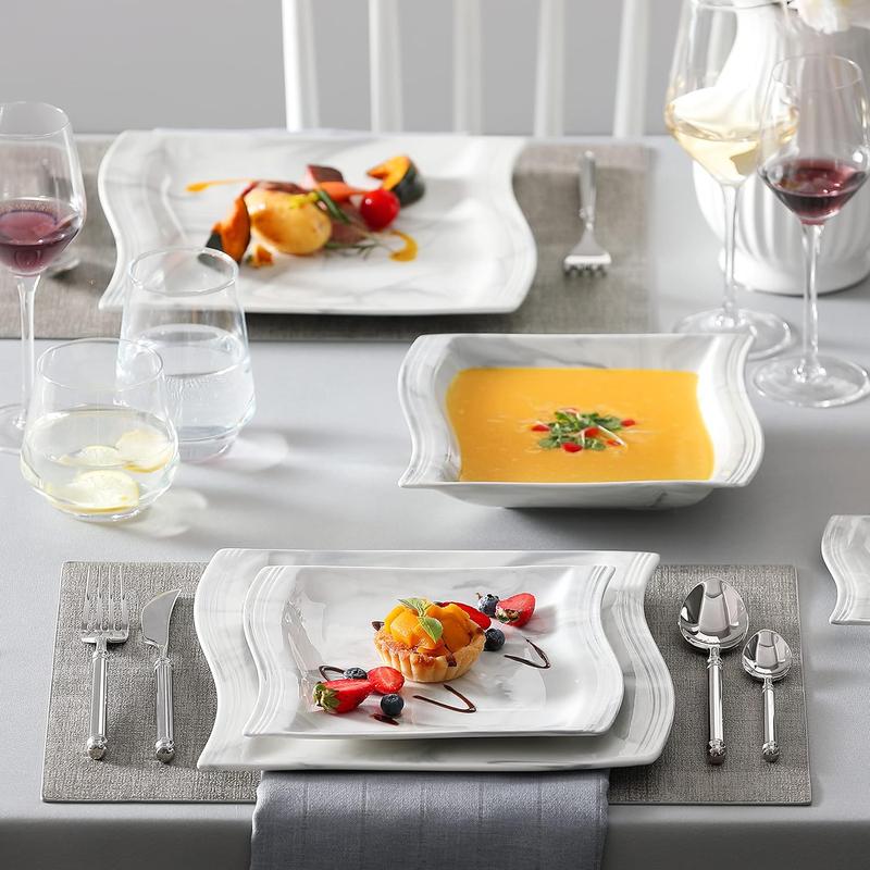 MALACASA Plates and Bowls Sets, Porcelain Dinnerware Sets for 6, Square Dinnerware Set with Dinner Plate, Dessert Plate, Soup Plate, Modern Dish Set, Series Flora Kitchenware Home