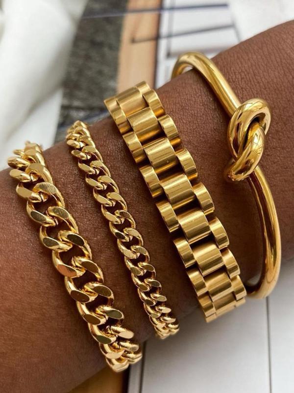 Chain & Knot Design Bangles Bracelets, Fashionable Jewelry for Women & Men, All-match Trendy Jewellery Accessories for Birthday Gift, Stackable Bracelets for Women, Elegant Minimalist Bangle, Cuban Link Bracelet, Modern Fashion Bling Stylish Accessor