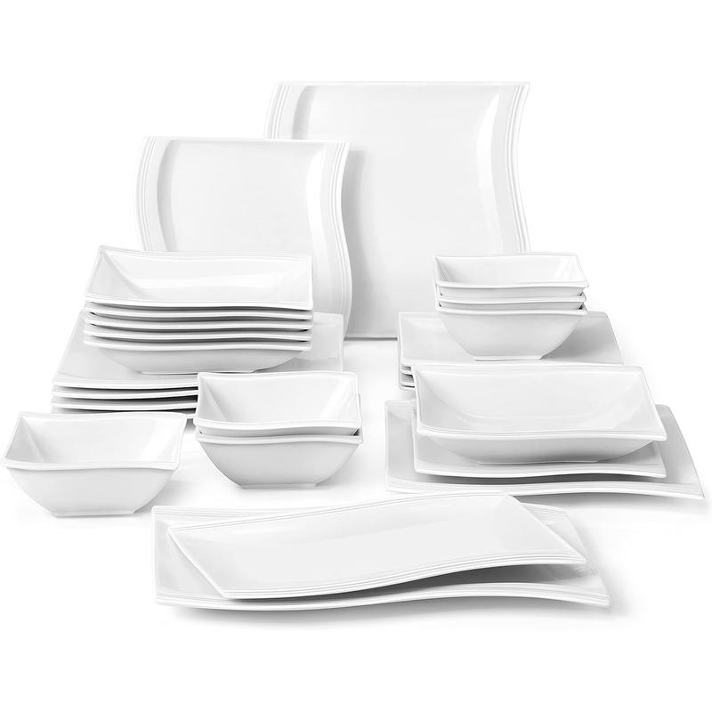 MALACASA Plates and Bowls Sets, Porcelain Dinnerware Sets for 6, Square Dinnerware Set with Dinner Plate, Dessert Plate, Soup Plate, Modern Dish Set, Series Flora Kitchenware Home