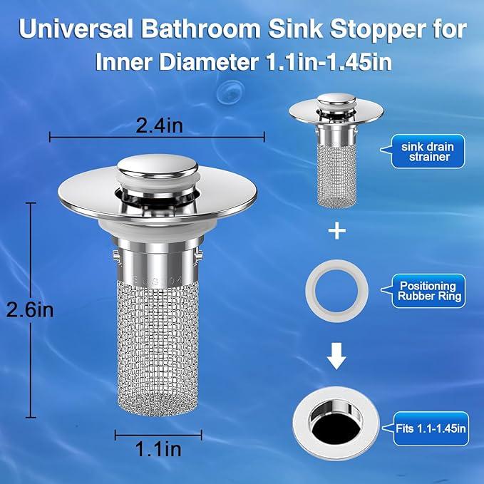 [KKC] 1/2 Counts Pop-Up Bathroom Sink Drain Strainer with Removable Stainless Steel Filter Basket, Universal Sink Stopper for Bathroom & Kitchen,Bathroom Sink Stopper Hair Catcher,Anti-Clog, Easy Install