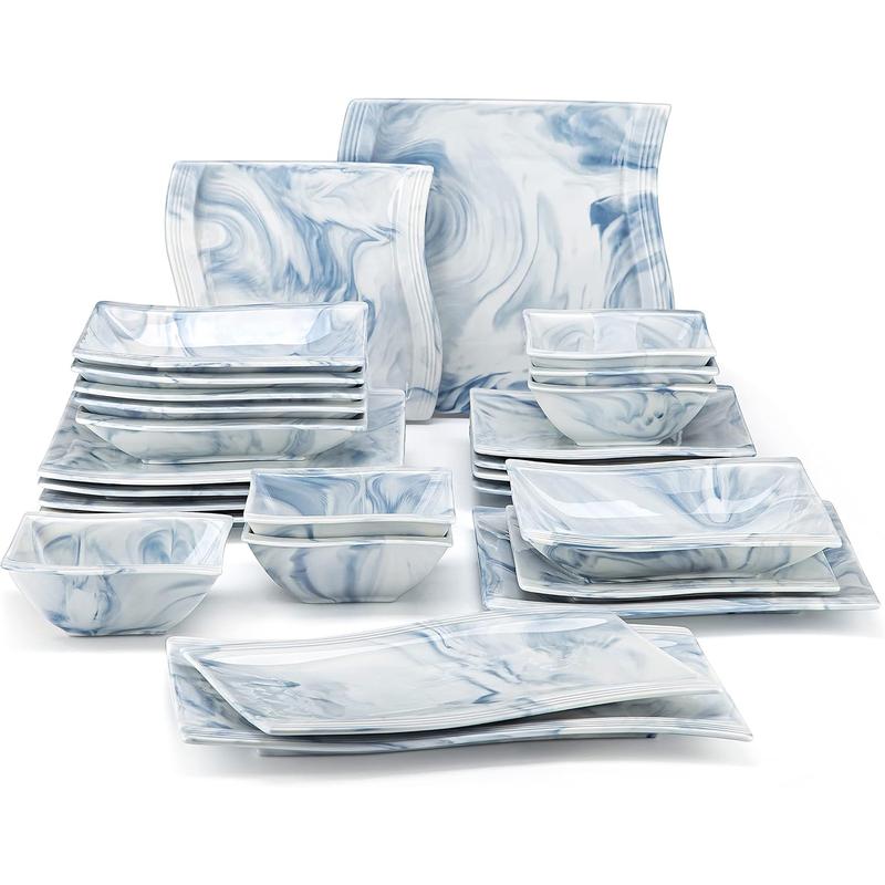 MALACASA Plates and Bowls Sets, Porcelain Dinnerware Sets for 6, Square Dinnerware Set with Dinner Plate, Dessert Plate, Soup Plate, Modern Dish Set, Series Flora Kitchenware Home