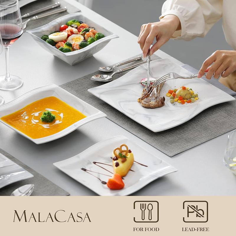 MALACASA Plates and Bowls Sets, Porcelain Dinnerware Sets for 6, Square Dinnerware Set with Dinner Plate, Dessert Plate, Soup Plate, Modern Dish Set, Series Flora Kitchenware Home