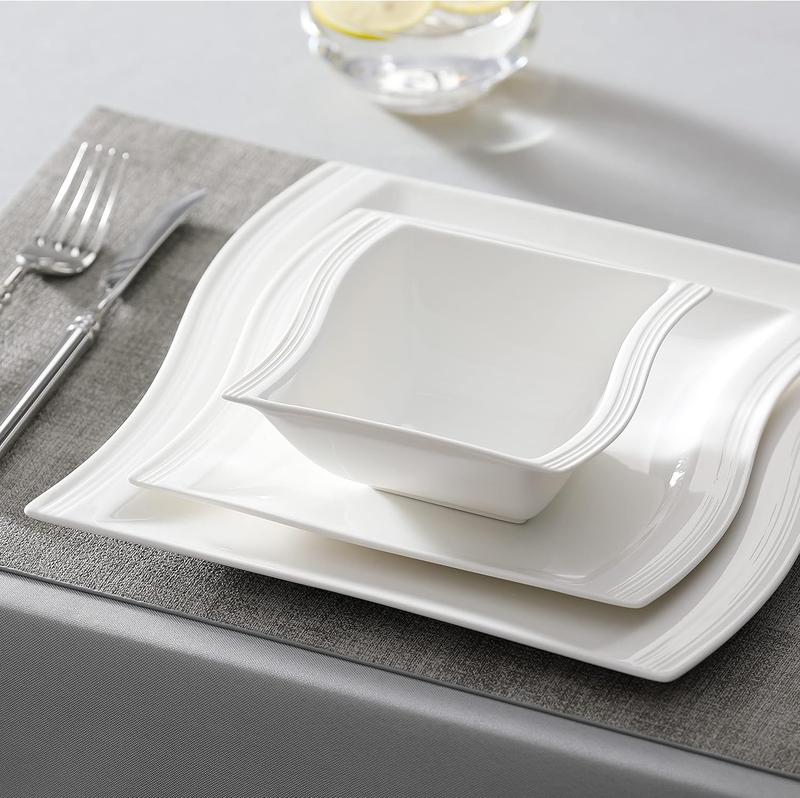 MALACASA Plates and Bowls Sets, Porcelain Dinnerware Sets for 6, Square Dinnerware Set with Dinner Plate, Dessert Plate, Soup Plate, Modern Dish Set, Series Flora Kitchenware Home