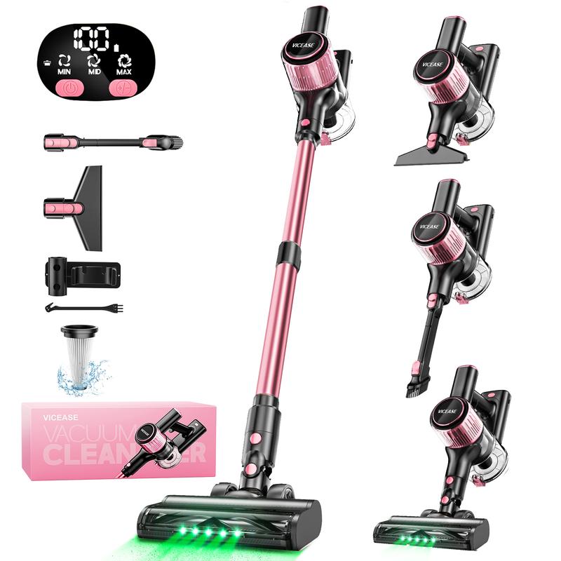VICEASE Cordless Vacuum Cleaner, 450W 33Kpa, LED Display, Green LED, Anti-Tangle & 1.5L Dust Cup, Gift Box, 8-in-1 Vacuum for Hardwood Floor/Carpet/Pet Hair/Car