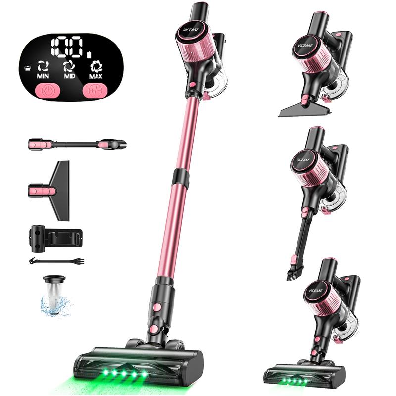 VICEASE Cordless Vacuum Cleaner, 450W 33Kpa, LED Display, Green LED, Anti-Tangle & 1.5L Dust Cup, Gift Box, 8-in-1 Vacuum for Hardwood Floor/Carpet/Pet Hair/Car