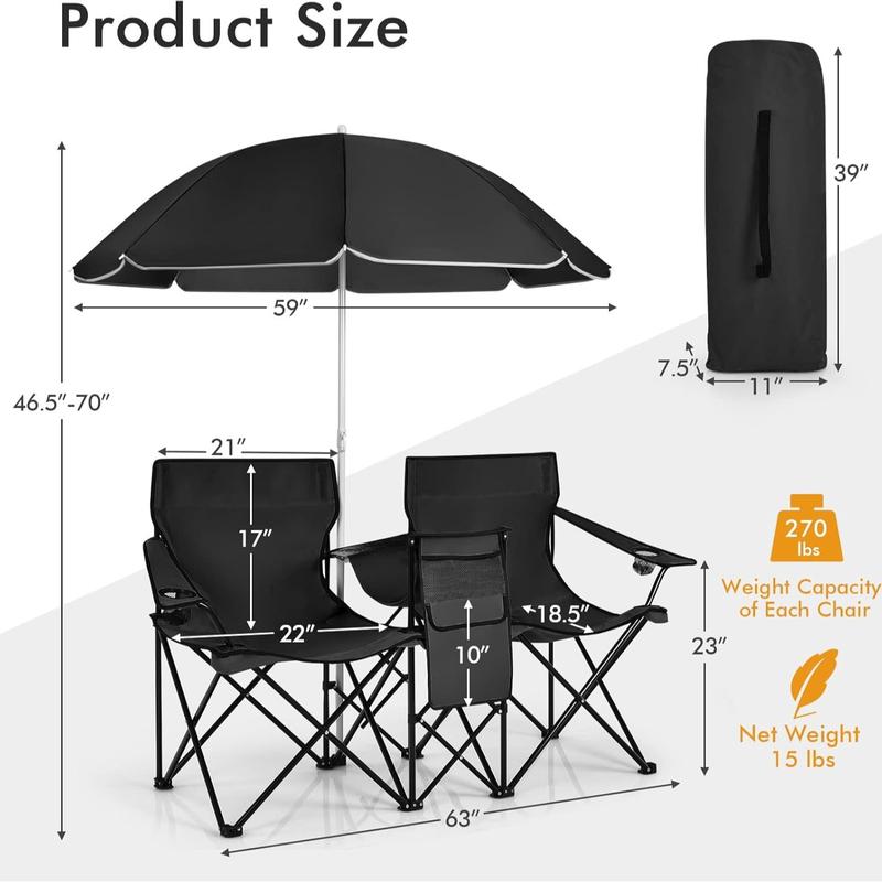 COSTWAY Double Portable Picnic Chairs, Folding Camping Chairs w/Detachable Umbrella, Cooler Bag, Cup Holders, Patio Beach Camping Chairs for Outdoors-Back to School
