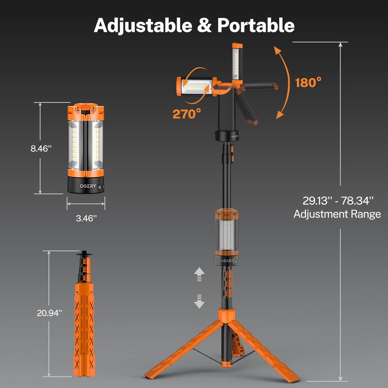 OGERY Rechargeable 10000mAh Camping Light with Detachable Tripod ( 1.75 to 6.5 Feet ), 2200 Lumens Cordless Dimmable Work Light & Emergency Light Outdoor Hiking Gear