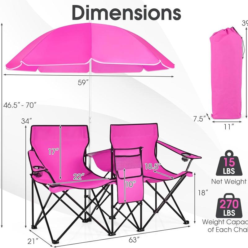 COSTWAY Double Portable Picnic Chairs, Folding Camping Chairs w/Detachable Umbrella, Cooler Bag, Cup Holders, Patio Beach Camping Chairs for Outdoors-Back to School