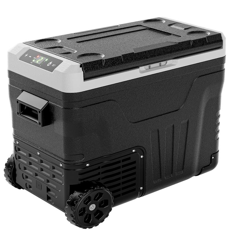 EUHOMY 12V Refrigerator (24/37/53Quart /23L/35L/50L) supports 12V/24V DC & 110-240V AC. Portable with -4°F~68°F range, it features wheels, 2 baskets, and large cooling zone. Ideal for RVs, travel, Truck, Boat