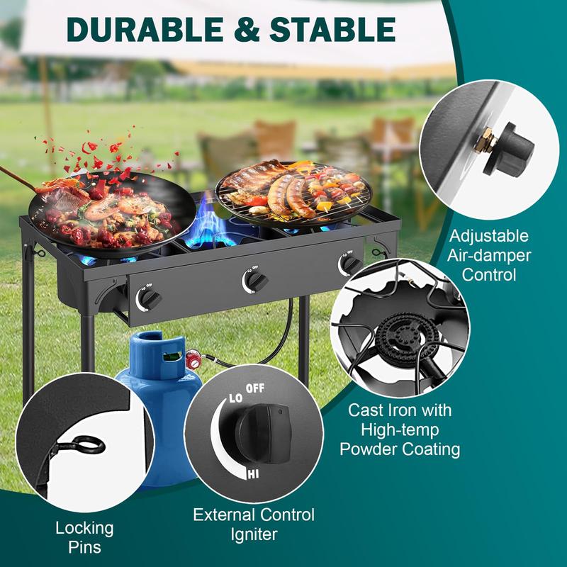 GEEKHOM Propane 3 Burner Camp Stove Outdoor High Pressure Propane 2 Burner Adjustable PSI Regulator and Steel Braided Hose With Removable Legs