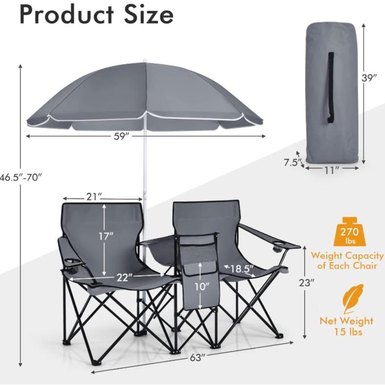 COSTWAY Double Portable Picnic Chairs, Folding Camping Chairs w/Detachable Umbrella, Cooler Bag, Cup Holders, Patio Beach Camping Chairs for Outdoors-Back to School