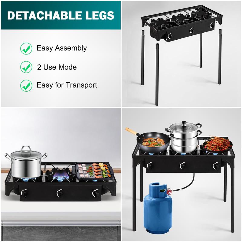 GEEKHOM Propane 3 Burner Camp Stove Outdoor High Pressure Propane 2 Burner Adjustable PSI Regulator and Steel Braided Hose With Removable Legs