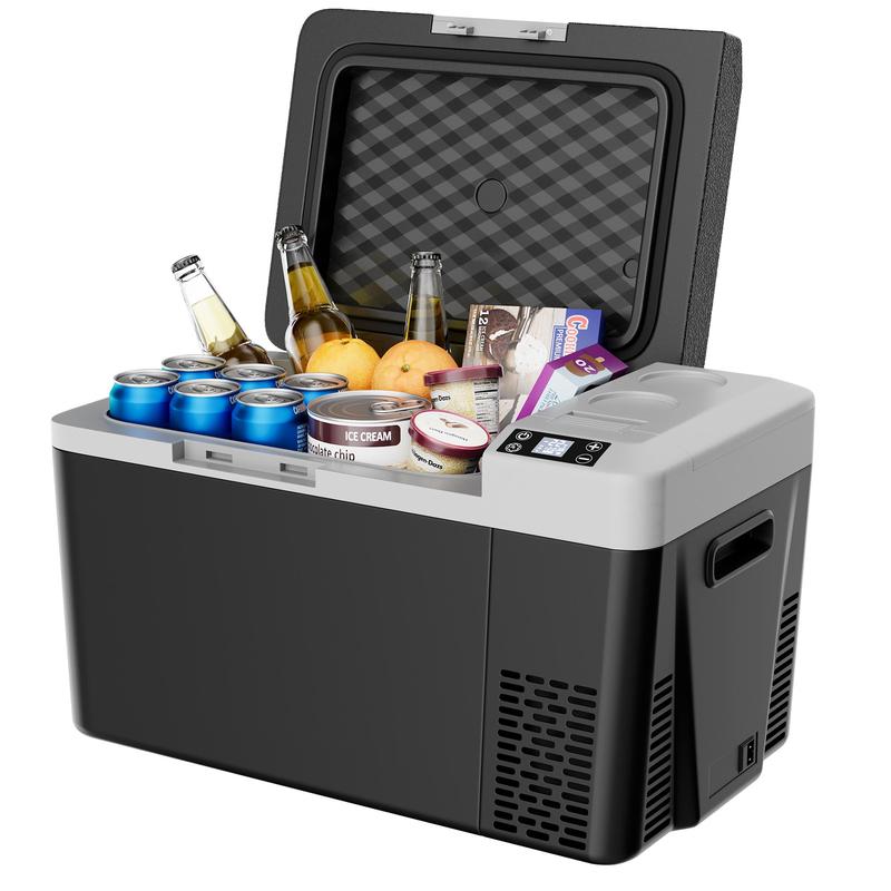 EUHOMY 12V Refrigerator (24/37/53Quart /23L/35L/50L) supports 12V/24V DC & 110-240V AC. Portable with -4°F~68°F range, it features wheels, 2 baskets, and large cooling zone. Ideal for RVs, travel, Truck, Boat