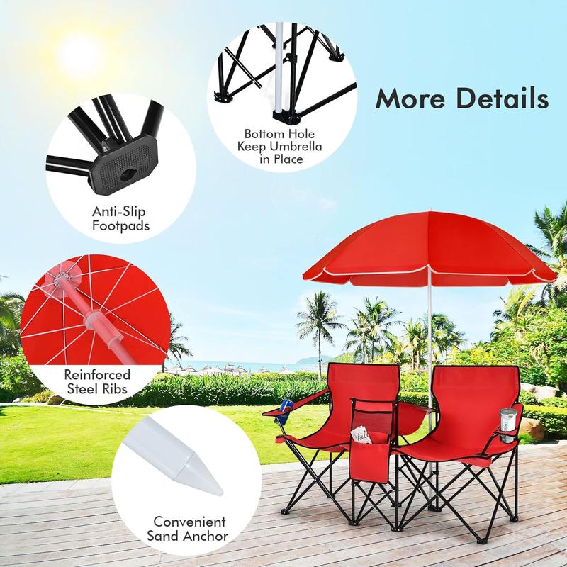 COSTWAY Double Portable Picnic Chairs, Folding Camping Chairs w/Detachable Umbrella, Cooler Bag, Cup Holders, Patio Beach Camping Chairs for Outdoors-Back to School