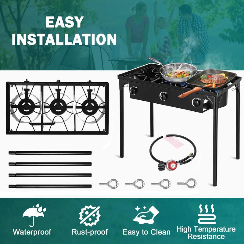 GEEKHOM Propane 3 Burner Camp Stove Outdoor High Pressure Propane 2 Burner Adjustable PSI Regulator and Steel Braided Hose With Removable Legs