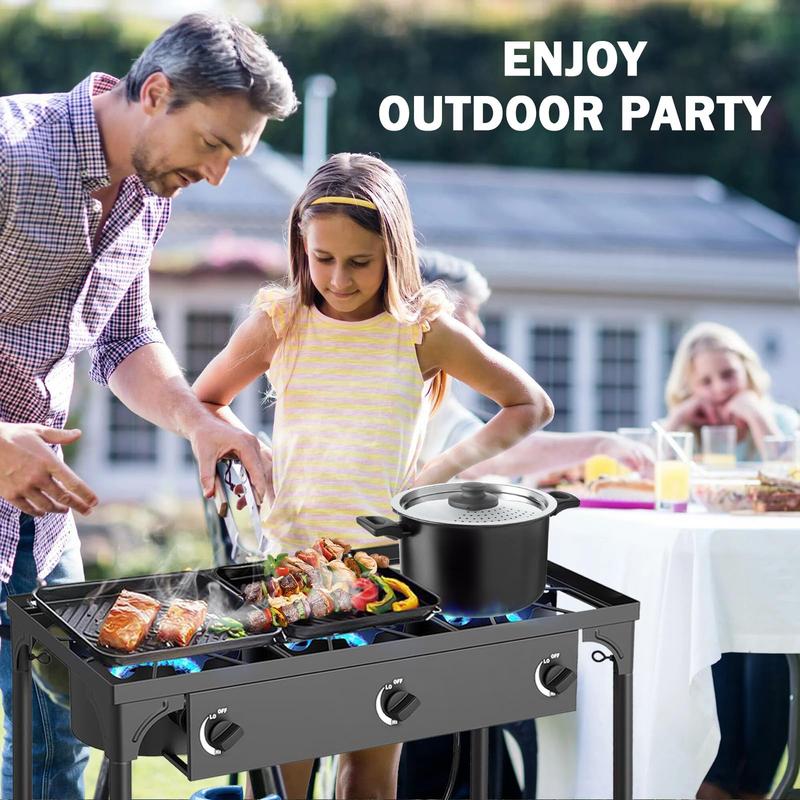 GEEKHOM Propane 3 Burner Camp Stove Outdoor High Pressure Propane 2 Burner Adjustable PSI Regulator and Steel Braided Hose With Removable Legs