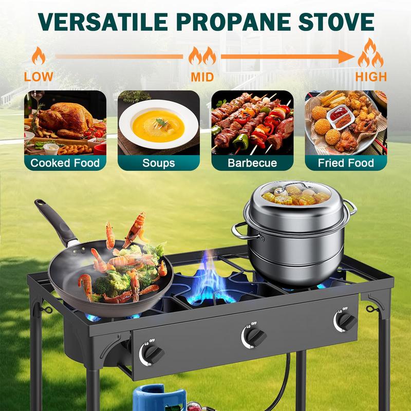 GEEKHOM Propane 3 Burner Camp Stove Outdoor High Pressure Propane 2 Burner Adjustable PSI Regulator and Steel Braided Hose With Removable Legs
