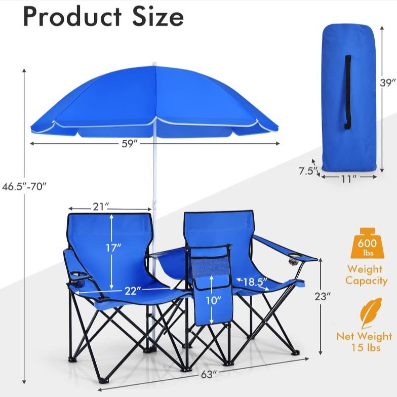 COSTWAY Double Portable Picnic Chairs, Folding Camping Chairs w/Detachable Umbrella, Cooler Bag, Cup Holders, Patio Beach Camping Chairs for Outdoors-Back to School