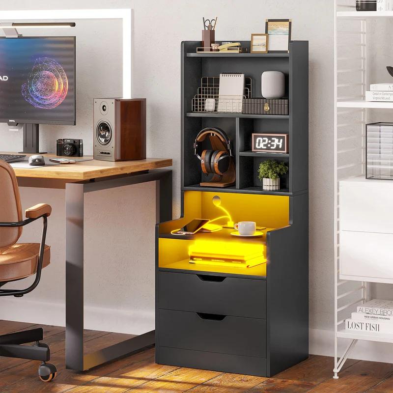 Sikaic LED Nightstand With Bookshelf Charging Station Furniture Drawer Bedroom Table Home Organize Study Minimal Interior Power Outlets