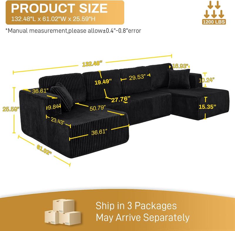 【3 Packages shipping】[2 free pillows]Niccae U-Shape Modular Sectional Couch Sofa, Compressed Corduroy, Modern Sleeper Sofa for Living Room, Space-Efficient Design (3 Packages Shipping)-Convertible Corduroy Sectional Couch
