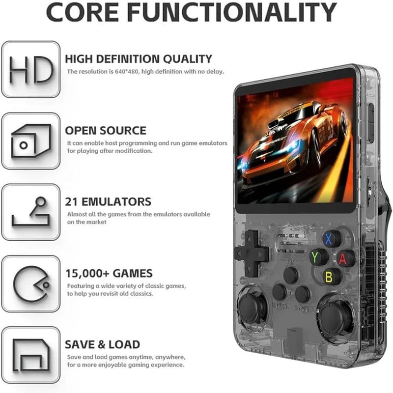 R36S Retro Video Handheld Game Console with Linux System 3.5 in IPS Screen 3000mAh Battery 32G+64G TF Card Pre-installed Games Protection Black