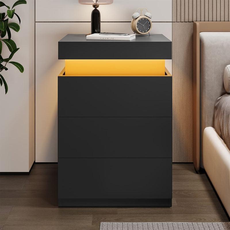 Sikaic Nightstand With Sliding Top Charging Station And LED Lights Furniture Bedroom Modern Design Bedside Table Drawer Home