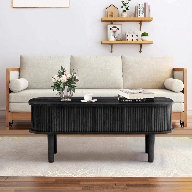 Giratree Fully Assembled Wooden Center Table, Fluted Lift Top Coffee Table with Hidden Compartment, Modern Oval Lift Tabletop for Home Living Room Office