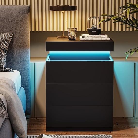 Sikaic Nightstand With Sliding Top Charging Station And LED Lights Furniture Bedroom Modern Design Bedside Table Drawer Home