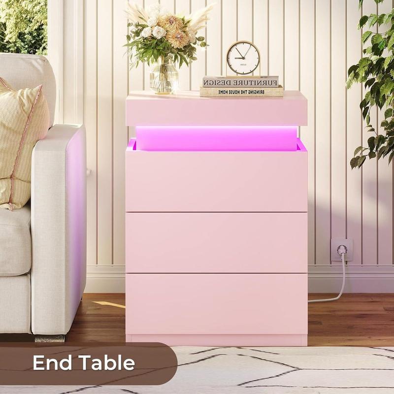 Sikaic Nightstand With Sliding Top Charging Station And LED Lights Furniture Bedroom Modern Design Bedside Table Drawer Home
