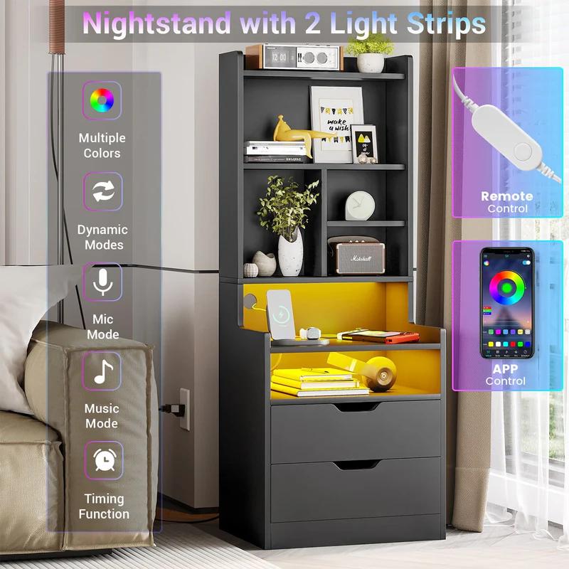 Sikaic LED Nightstand With Bookshelf Charging Station Furniture Drawer Bedroom Table Home Organize Study Minimal Interior Power Outlets