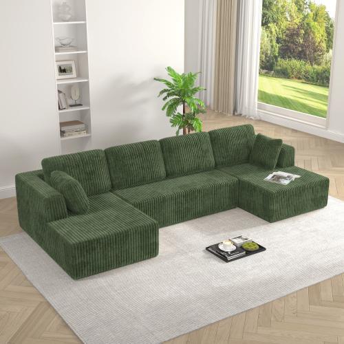 【3 Packages shipping】[2 free pillows]Niccae U-Shape Modular Sectional Couch Sofa, Compressed Corduroy, Modern Sleeper Sofa for Living Room, Space-Efficient Design (3 Packages Shipping)-Convertible Corduroy Sectional Couch