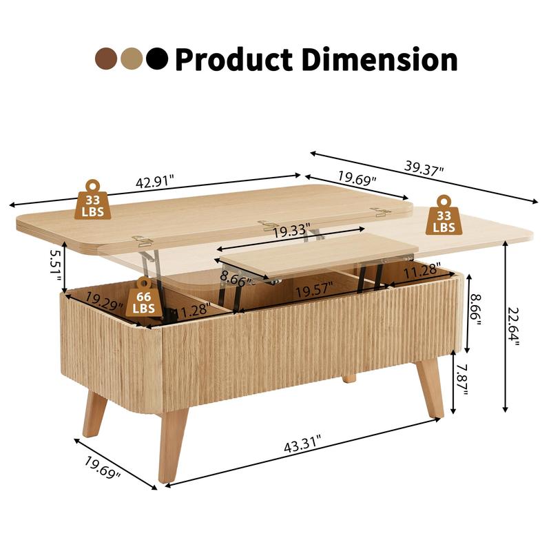 Giratree Fully Assembled Wooden Center Table, Fluted Lift Top Coffee Table with Hidden Compartment, Modern Oval Lift Tabletop for Home Living Room Office