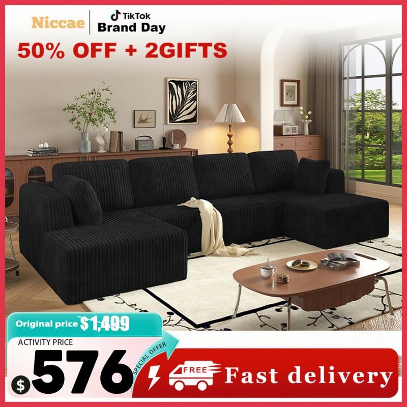 【3 Packages shipping】[2 free pillows]Niccae U-Shape Modular Sectional Couch Sofa, Compressed Corduroy, Modern Sleeper Sofa for Living Room, Space-Efficient Design (3 Packages Shipping)-Convertible Corduroy Sectional Couch