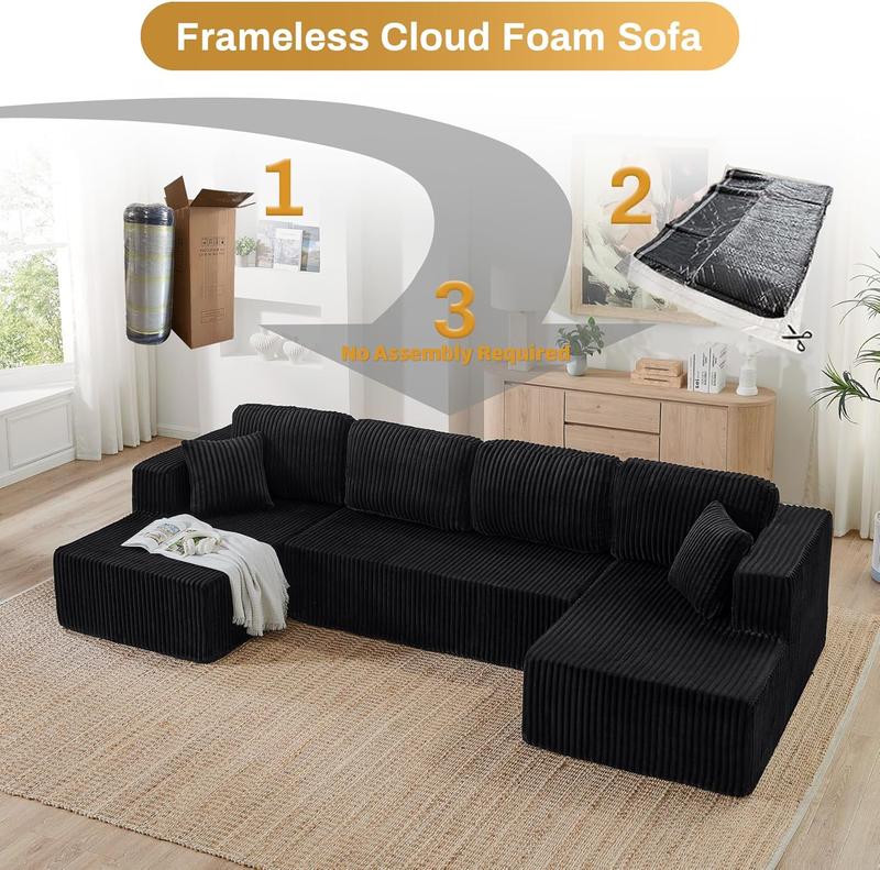 【3 Packages shipping】[2 free pillows]Niccae U-Shape Modular Sectional Couch Sofa, Compressed Corduroy, Modern Sleeper Sofa for Living Room, Space-Efficient Design (3 Packages Shipping)-Convertible Corduroy Sectional Couch