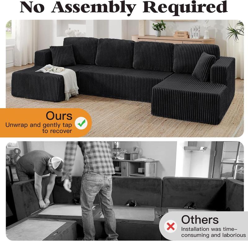 【3 Packages shipping】[2 free pillows]Niccae U-Shape Modular Sectional Couch Sofa, Compressed Corduroy, Modern Sleeper Sofa for Living Room, Space-Efficient Design (3 Packages Shipping)-Convertible Corduroy Sectional Couch