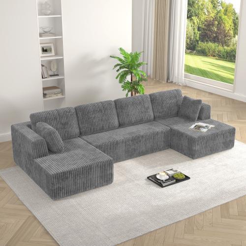 【3 Packages shipping】[2 free pillows]Niccae U-Shape Modular Sectional Couch Sofa, Compressed Corduroy, Modern Sleeper Sofa for Living Room, Space-Efficient Design (3 Packages Shipping)-Convertible Corduroy Sectional Couch