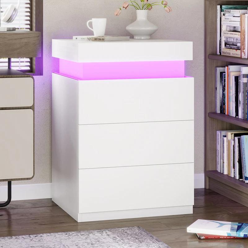 Sikaic Nightstand With Sliding Top Charging Station And LED Lights Furniture Bedroom Modern Design Bedside Table Drawer Home