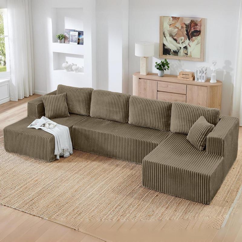 【3 Packages shipping】[2 free pillows]Niccae U-Shape Modular Sectional Couch Sofa, Compressed Corduroy, Modern Sleeper Sofa for Living Room, Space-Efficient Design (3 Packages Shipping)-Convertible Corduroy Sectional Couch
