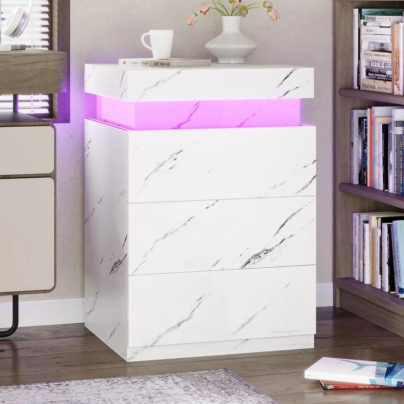 Sikaic Nightstand With Sliding Top Charging Station And LED Lights Furniture Bedroom Modern Design Bedside Table Drawer Home