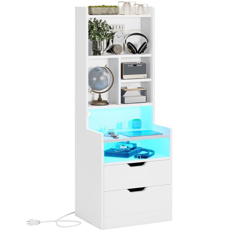 Sikaic LED Nightstand With Bookshelf Charging Station Furniture Drawer Bedroom Table Home Organize Study Minimal Interior Power Outlets