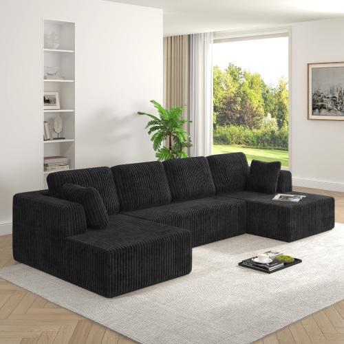 【3 Packages shipping】[2 free pillows]Niccae U-Shape Modular Sectional Couch Sofa, Compressed Corduroy, Modern Sleeper Sofa for Living Room, Space-Efficient Design (3 Packages Shipping)-Convertible Corduroy Sectional Couch