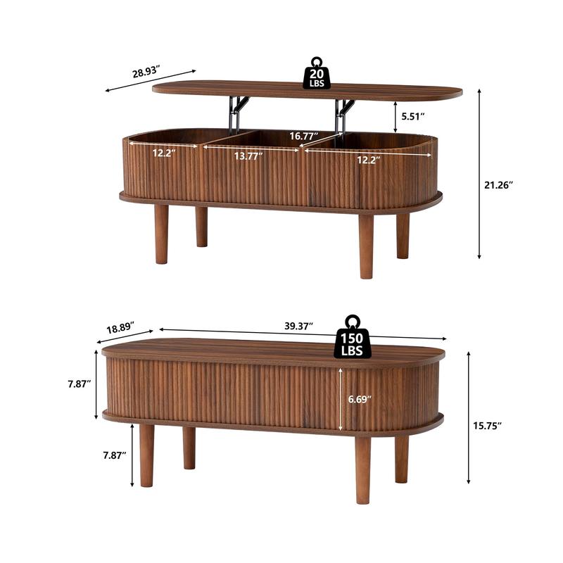 Giratree Fully Assembled Wooden Center Table, Fluted Lift Top Coffee Table with Hidden Compartment, Modern Oval Lift Tabletop for Home Living Room Office