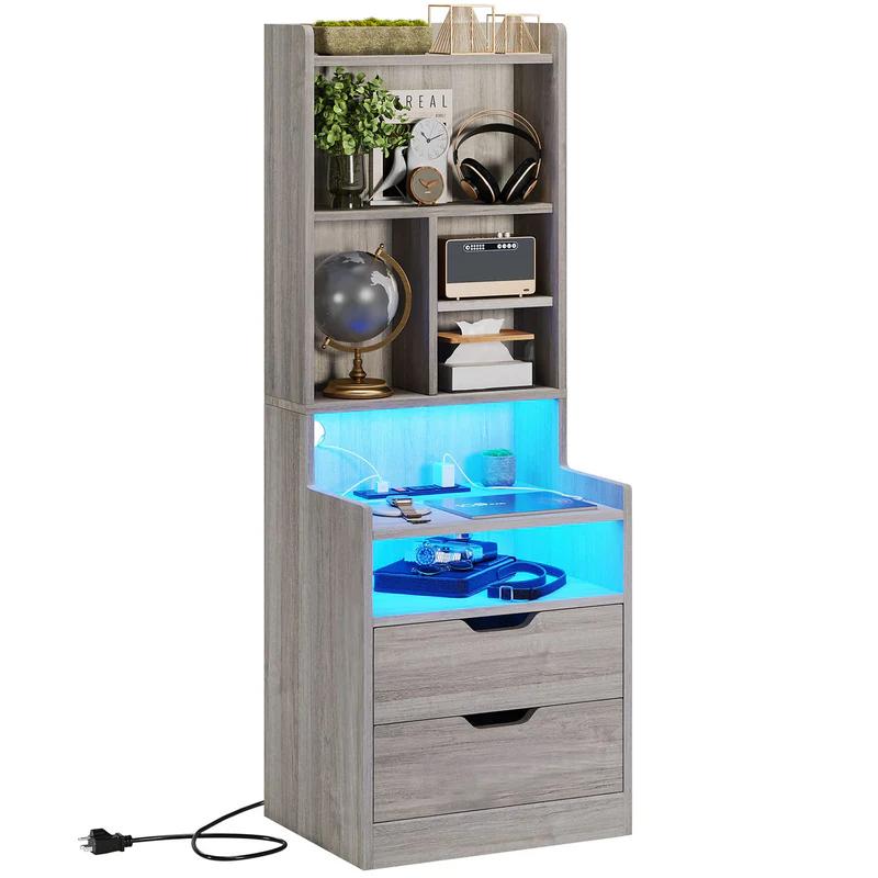 Sikaic LED Nightstand With Bookshelf Charging Station Furniture Drawer Bedroom Table Home Organize Study Minimal Interior Power Outlets