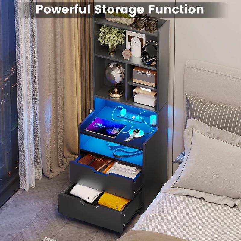 Sikaic LED Nightstand With Bookshelf Charging Station Furniture Drawer Bedroom Table Home Organize Study Minimal Interior Power Outlets