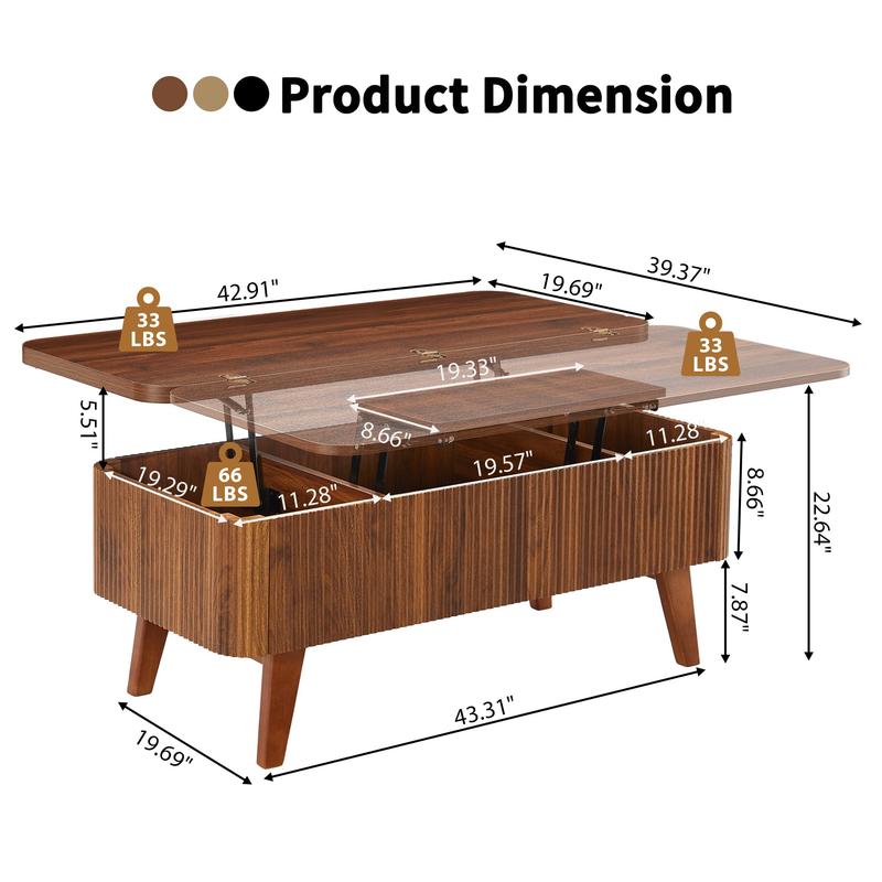 Giratree Fully Assembled Wooden Center Table, Fluted Lift Top Coffee Table with Hidden Compartment, Modern Oval Lift Tabletop for Home Living Room Office