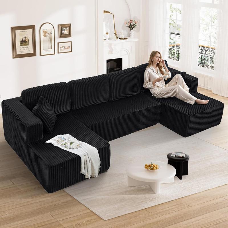 【3 Packages shipping】[2 free pillows]Niccae U-Shape Modular Sectional Couch Sofa, Compressed Corduroy, Modern Sleeper Sofa for Living Room, Space-Efficient Design (3 Packages Shipping)-Convertible Corduroy Sectional Couch