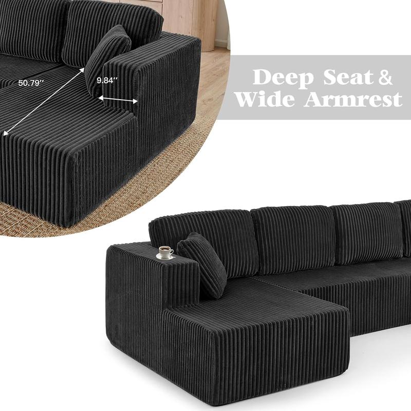 【3 Packages shipping】[2 free pillows]Niccae U-Shape Modular Sectional Couch Sofa, Compressed Corduroy, Modern Sleeper Sofa for Living Room, Space-Efficient Design (3 Packages Shipping)-Convertible Corduroy Sectional Couch