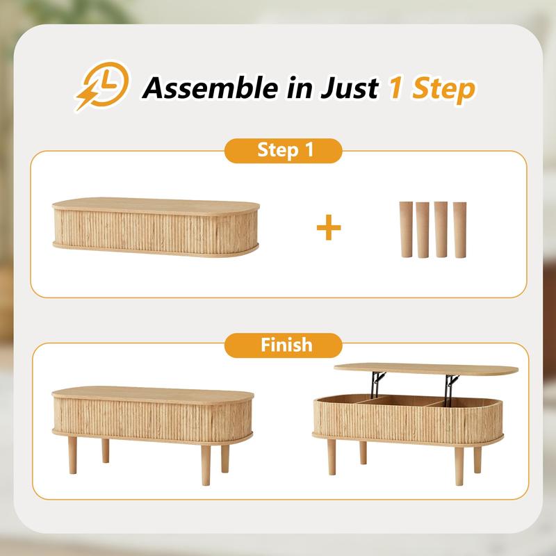 Giratree Fully Assembled Wooden Center Table, Fluted Lift Top Coffee Table with Hidden Compartment, Modern Oval Lift Tabletop for Home Living Room Office